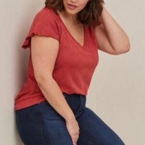 Torrid Red 4X‎ Slub V Neck T-Shirt Flutter Sleeve Slim Fit Tee